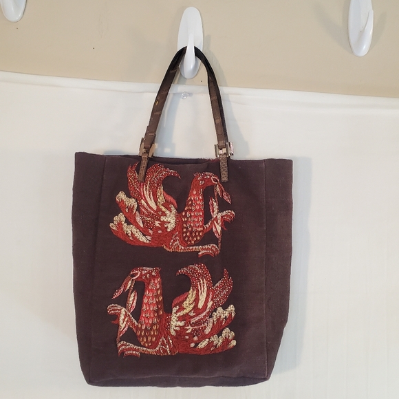 Rare Vintage Fendi One of a Kind Brown Beaded Embroidered Bird Canvas Bag Tote. - Picture 3 of 16